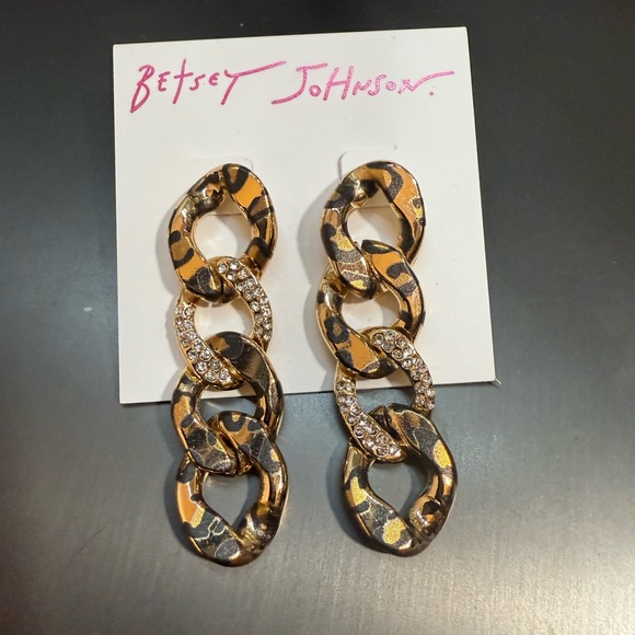 Betsey Johnson Jewelry - NWT Betsey Johnson Leopard Print Chain Gold Rhinestone Earrings